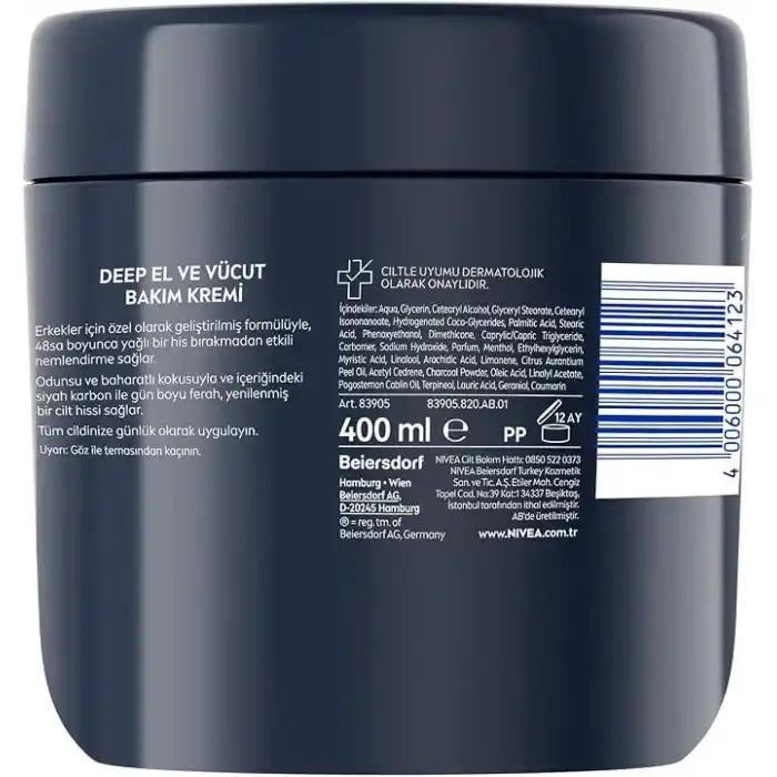 NIVEA MEN Erkek El ve Vücut Bakım Kremi Deep Dimension 400ml,Yoğun Nemlendirici,Ferah Koku,Yenileyici Bakım