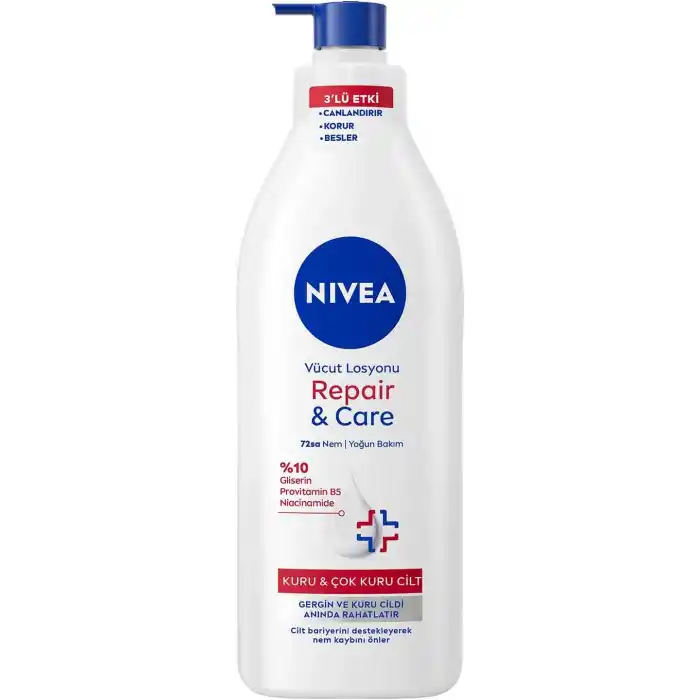 NIVEA Yoğun Nemlendirici Repair & Care Vücut Losyonu 400ml, 72 Saat Nemlendirime, Kaşıntılı ve Hassas Ciltlere Özel, Onarıcı, Gliserin,Pro Vitamin B5,Niasinamid,Kuru Ciltler