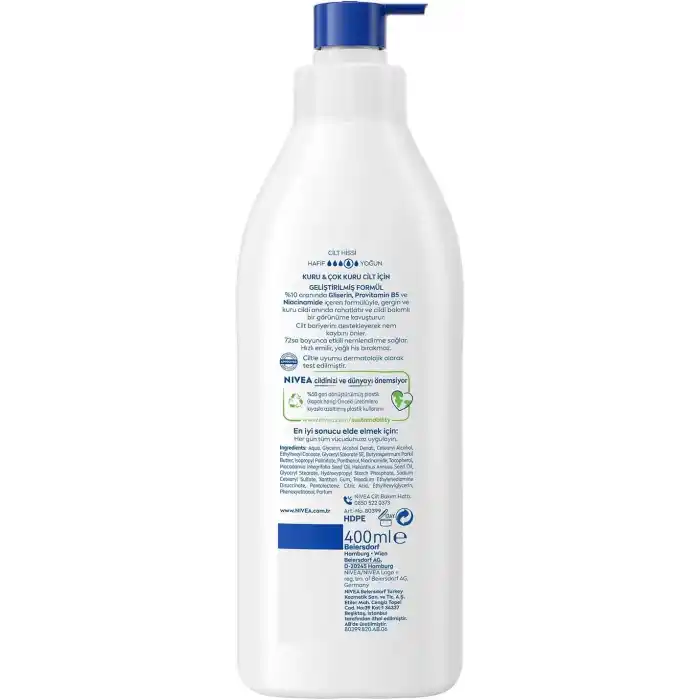 NIVEA Yoğun Nemlendirici Repair & Care Vücut Losyonu 400ml, 72 Saat Nemlendirime, Kaşıntılı ve Hassas Ciltlere Özel, Onarıcı, Gliserin,Pro Vitamin B5,Niasinamid,Kuru Ciltler