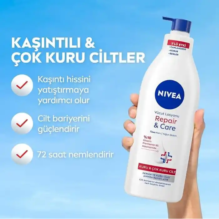 NIVEA Yoğun Nemlendirici Repair & Care Vücut Losyonu 400ml, 72 Saat Nemlendirime, Kaşıntılı ve Hassas Ciltlere Özel, Onarıcı, Gliserin,Pro Vitamin B5,Niasinamid,Kuru Ciltler