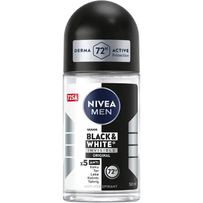 NIVEA MEN Erkek Roll On Deodorant Black&White Invisible Original 50 ml,72 Saat Anti-perspirant Terleme ve Ter Kokusuna Karşı Koruma,Giysilerde Leke Karşıtı,Erkeksi Koku,Etil Alkol İçermez