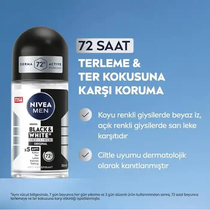 NIVEA MEN Erkek Roll On Deodorant Black&White Invisible Original 50 ml,72 Saat Anti-perspirant Terleme ve Ter Kokusuna Karşı Koruma,Giysilerde Leke Karşıtı,Erkeksi Koku,Etil Alkol İçermez