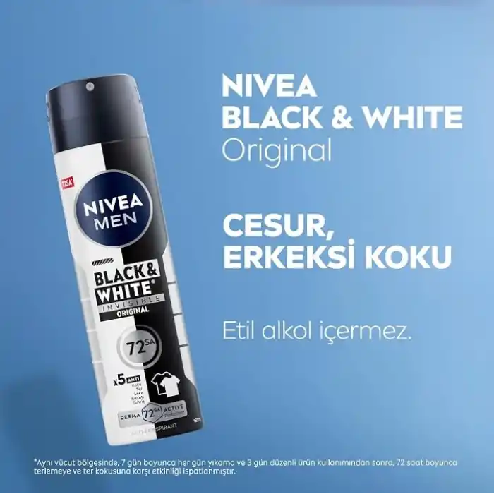 NIVEA MEN Erkek Roll On Deodorant Black&White Invisible Original 50 ml,72 Saat Anti-perspirant Terleme ve Ter Kokusuna Karşı Koruma,Giysilerde Leke Karşıtı,Erkeksi Koku,Etil Alkol İçermez