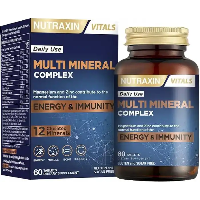 Nutraxin Multi Mineral Complex | 12 Mineral İçeren Takviye | Vegan | 60 Tablet | Kalsiyum, Magnezyum, Çinko, Demir ve Daha Fazlası