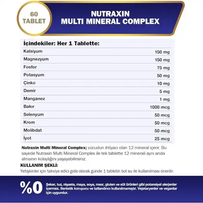 Nutraxin Multi Mineral Complex | 12 Mineral İçeren Takviye | Vegan | 60 Tablet | Kalsiyum, Magnezyum, Çinko, Demir ve Daha Fazlası