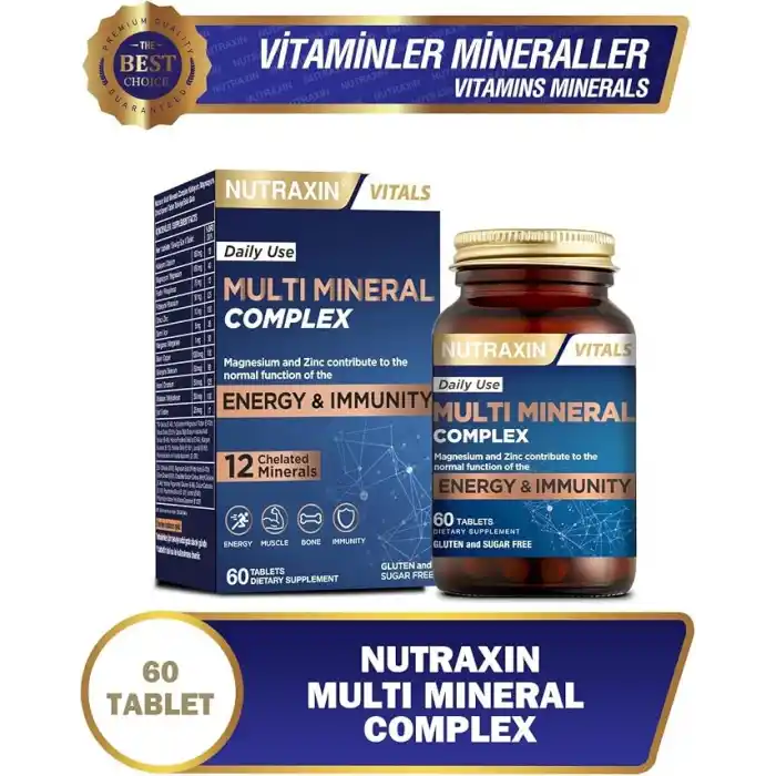 Nutraxin Multi Mineral Complex | 12 Mineral İçeren Takviye | Vegan | 60 Tablet | Kalsiyum, Magnezyum, Çinko, Demir ve Daha Fazlası