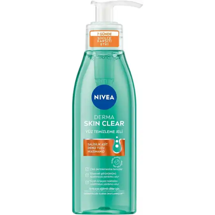 NIVEA Derma Skin Clear Sivilce Karşıtı Yüz Temizleme Jeli 150ml, Gözenek Arındırıcı,Gözenek Görünümünü,Siyah Noktaları Azaltır,Salisilik Asit,Niasinamid,Deniz Tuzu,Yağlı ve Karma Cilt