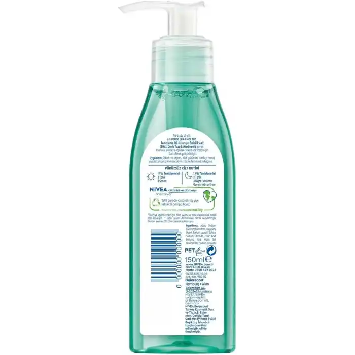 NIVEA Derma Skin Clear Sivilce Karşıtı Yüz Temizleme Jeli 150ml, Gözenek Arındırıcı,Gözenek Görünümünü,Siyah Noktaları Azaltır,Salisilik Asit,Niasinamid,Deniz Tuzu,Yağlı ve Karma Cilt