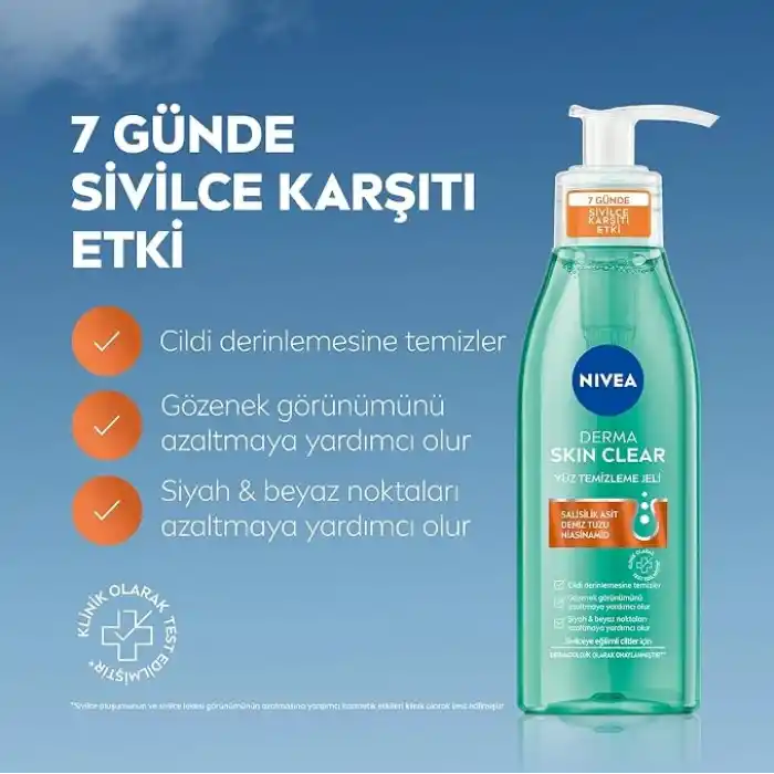 NIVEA Derma Skin Clear Sivilce Karşıtı Yüz Temizleme Jeli 150ml, Gözenek Arındırıcı,Gözenek Görünümünü,Siyah Noktaları Azaltır,Salisilik Asit,Niasinamid,Deniz Tuzu,Yağlı ve Karma Cilt