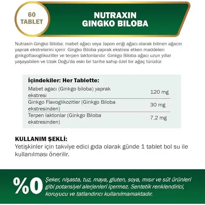 Nutraxin Herbal Ginkgo Biloba+ 120 mg 60 Tablet Takviye Edici Gıda