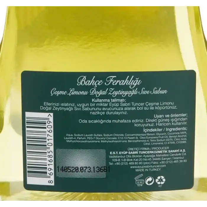 Eyüp Sabri Tuncer Doğal Zeytinyağlı Sıvı Sabun Çeşme Limonu 1,5 L Pet Şişe (1 x 1500 ml)