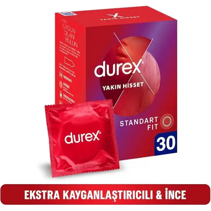 Durex Yakın Hisset İnce Prezervatif 30Lu, Standart Fit, Kokusuz, Lateks