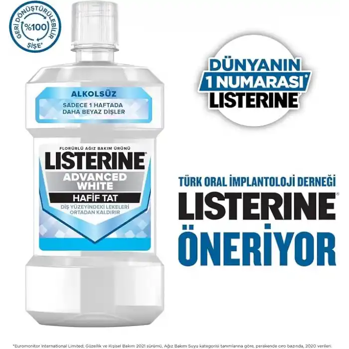 Listerine, Advanced White Ağız Bakım Ürünü, Zorlu Lekeleri Giderir, Hafif Tat, Sıfır Alkol, Name Aromalı, 1000ml