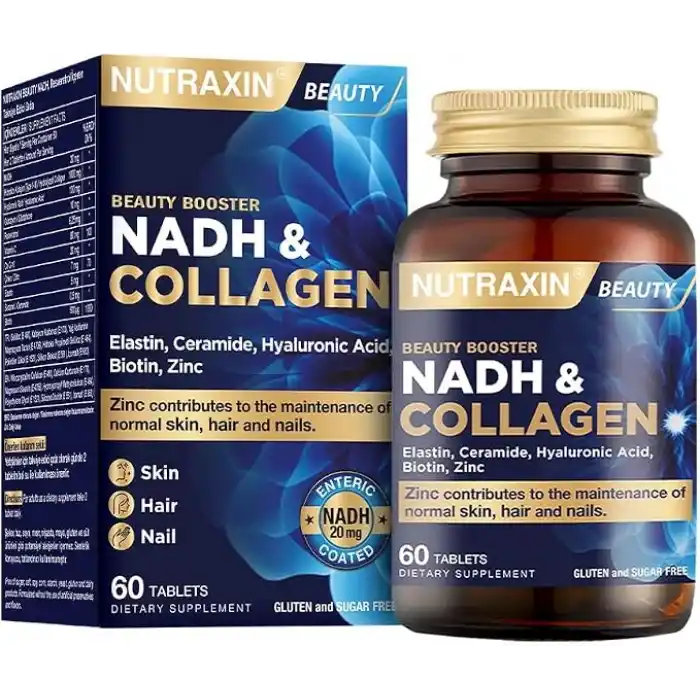 Nutraxin NADH & Collagen | Tip I-III Kolajen + NADH + Hyaluronik Asit | Cilt, Saç, Tırnak ve Enerji | 60 Tablet