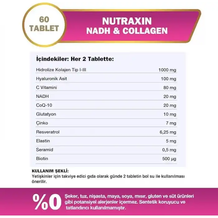 Nutraxin NADH & Collagen | Tip I-III Kolajen + NADH + Hyaluronik Asit | Cilt, Saç, Tırnak ve Enerji | 60 Tablet
