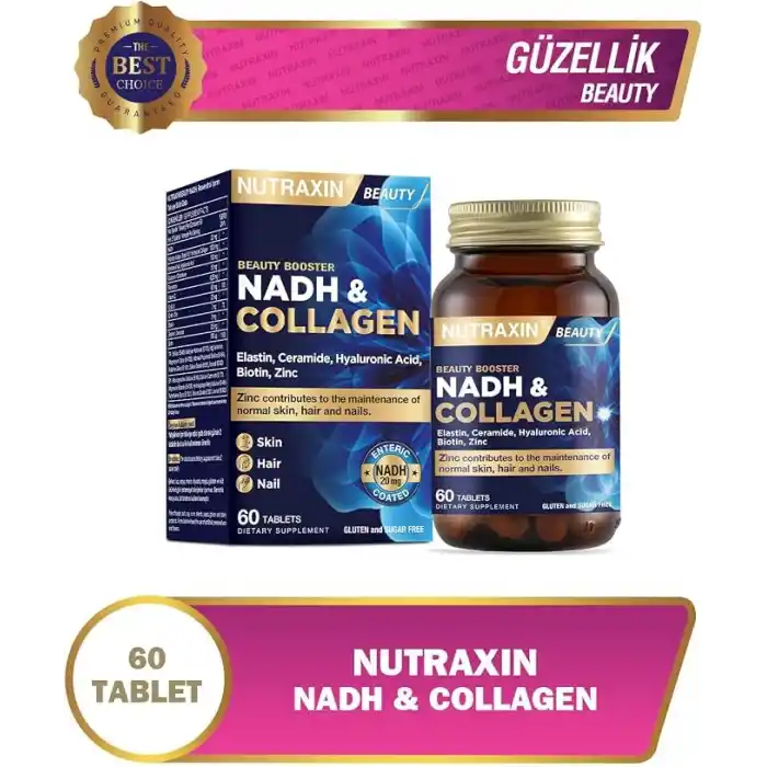 Nutraxin NADH & Collagen | Tip I-III Kolajen + NADH + Hyaluronik Asit | Cilt, Saç, Tırnak ve Enerji | 60 Tablet