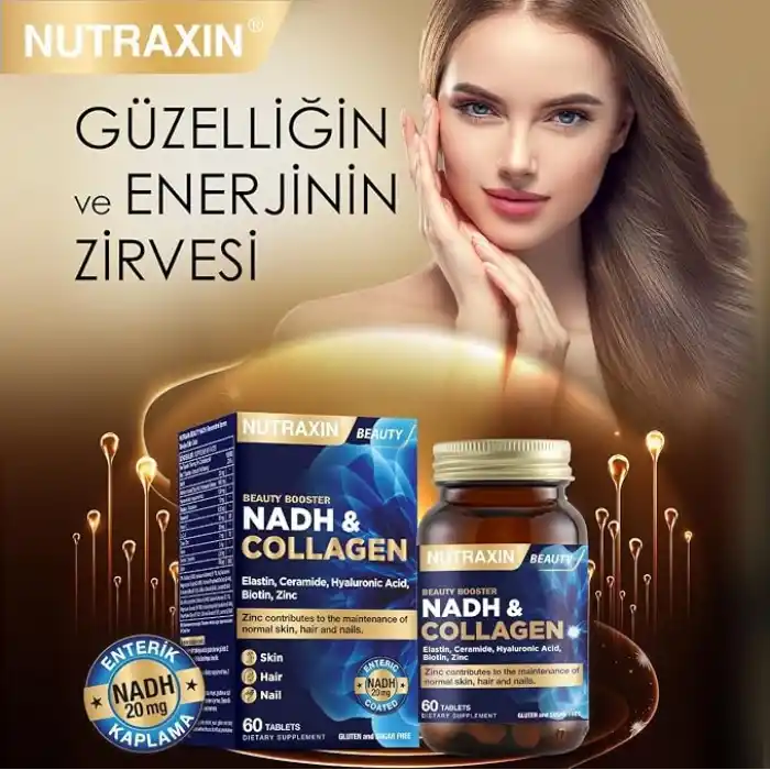 Nutraxin NADH & Collagen | Tip I-III Kolajen + NADH + Hyaluronik Asit | Cilt, Saç, Tırnak ve Enerji | 60 Tablet