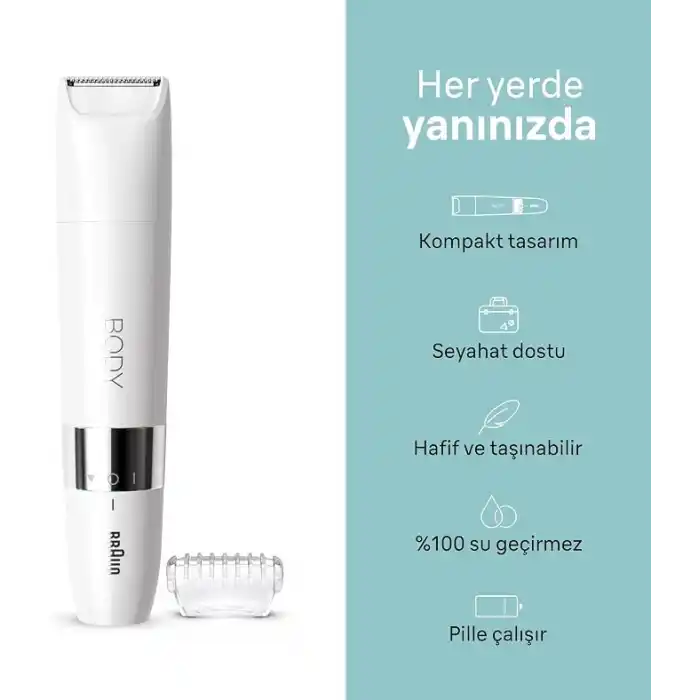 Braun Body Mini Trimmer BS1000 Vücut Tüy Kesme Makinesi + Düzeltici Tarak, Pil ve Temizleme Fırçası
