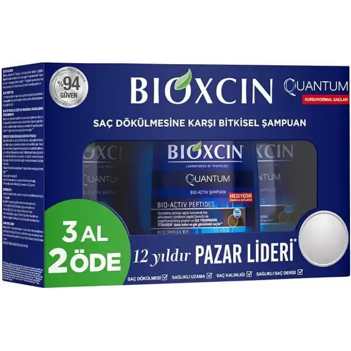 Bioxcin Quantum Şampuan – Kuru ve Normal Saçlar İçin – 3x300 ml – Dökülme ve İncelme Karşıtı – Bio-Activ Peptit, BioComplex B11, Bal ve Mentol İçerikli