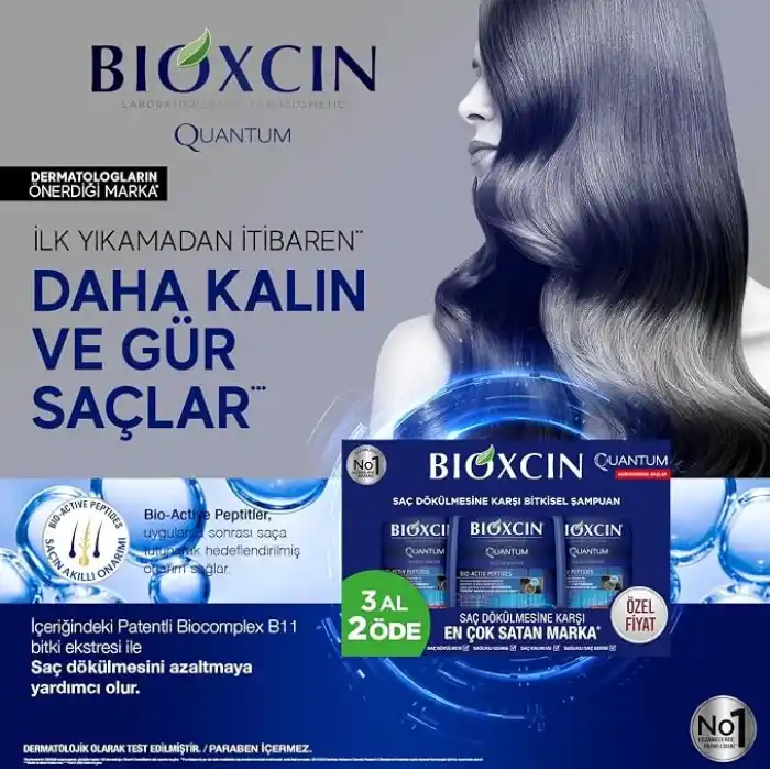 Bioxcin Quantum Şampuan – Kuru ve Normal Saçlar İçin – 3x300 ml – Dökülme ve İncelme Karşıtı – Bio-Activ Peptit, BioComplex B11, Bal ve Mentol İçerikli
