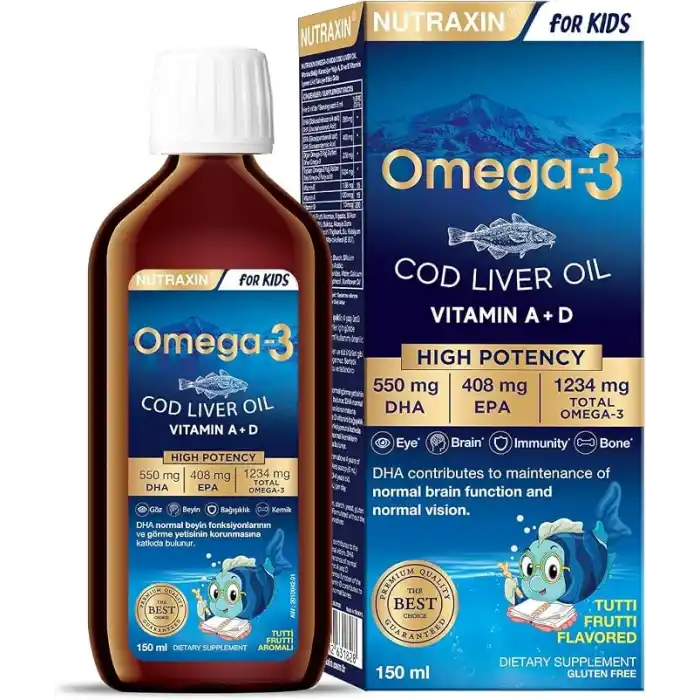 Nutraxin Omega-3 for Kids 150 ml – Çocuklar İçin Balık Yağı Şurubu, DHA ve EPA, Portakal Aromalı