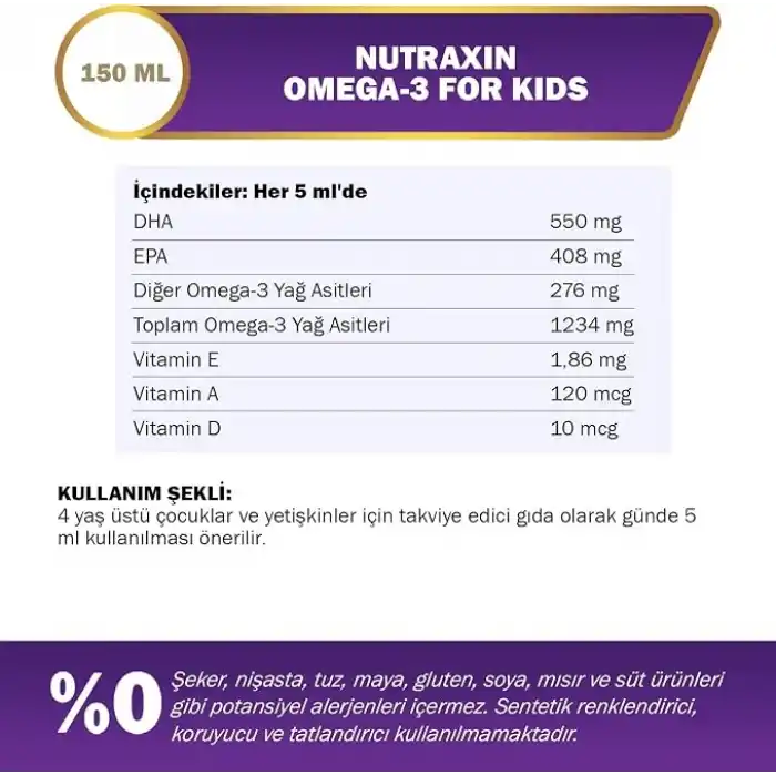 Nutraxin Omega-3 for Kids 150 ml – Çocuklar İçin Balık Yağı Şurubu, DHA ve EPA, Portakal Aromalı