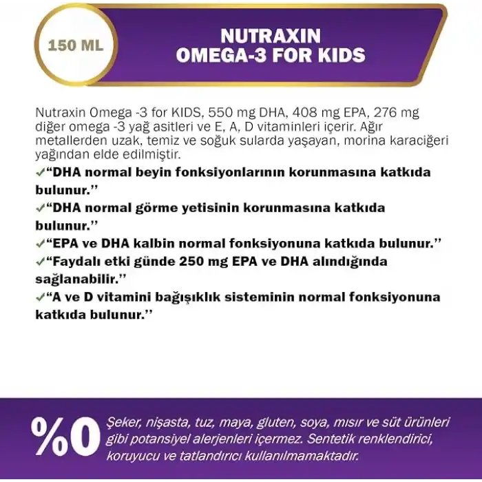Nutraxin Omega-3 for Kids 150 ml – Çocuklar İçin Balık Yağı Şurubu, DHA ve EPA, Portakal Aromalı