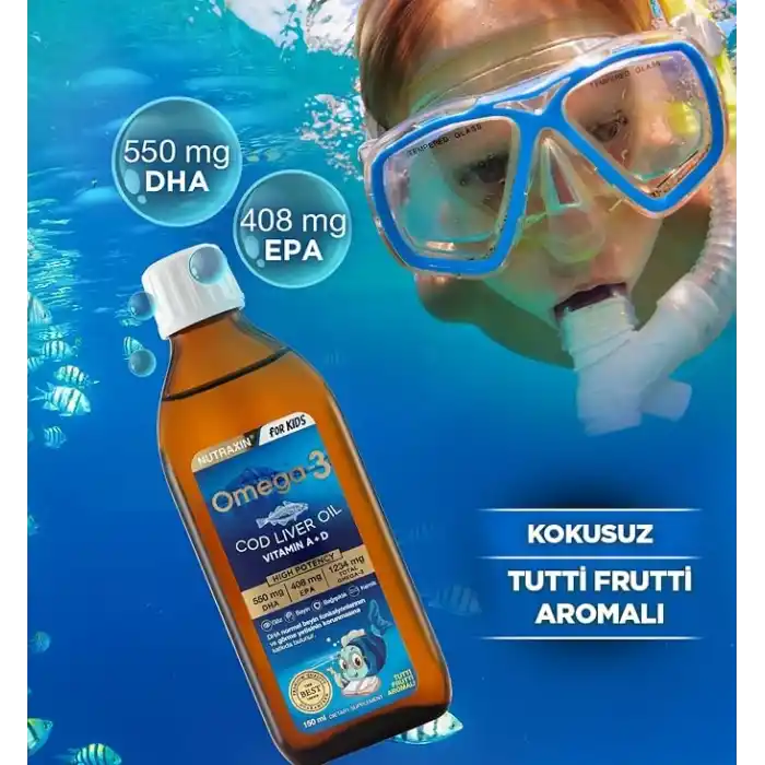 Nutraxin Omega-3 for Kids 150 ml – Çocuklar İçin Balık Yağı Şurubu, DHA ve EPA, Portakal Aromalı