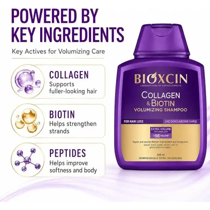 Bioxcin Collagen & Biotin Hacim Şampuanı 300 ml – İnce Telli ve Hacimsiz Saçlar İçin Dolgunlaştırıcı ve Güçlendirici Bakım
