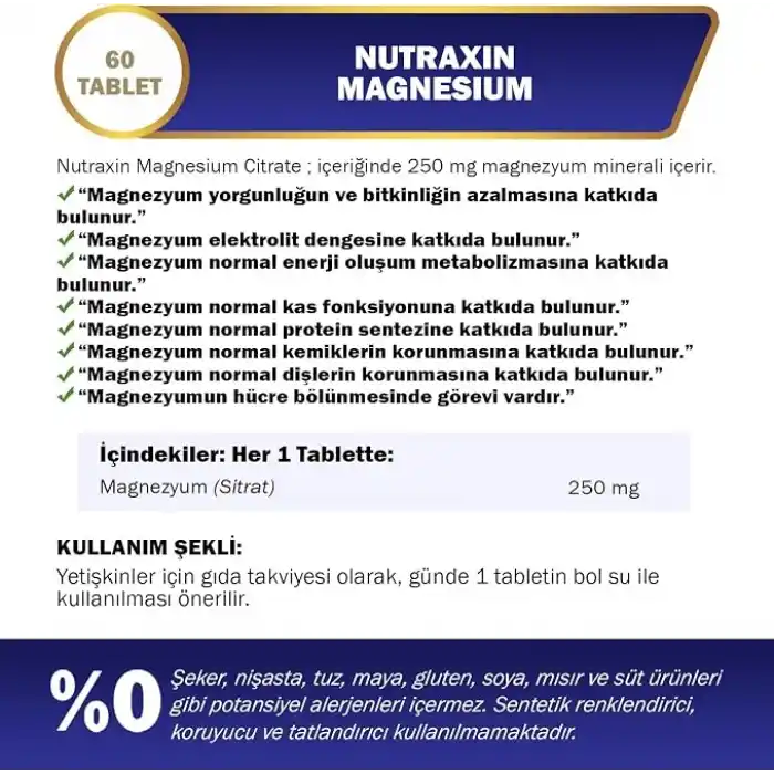 Nutraxin Vitals Magnesium 250 mg 60 Tablet Takviye Edici Gıda