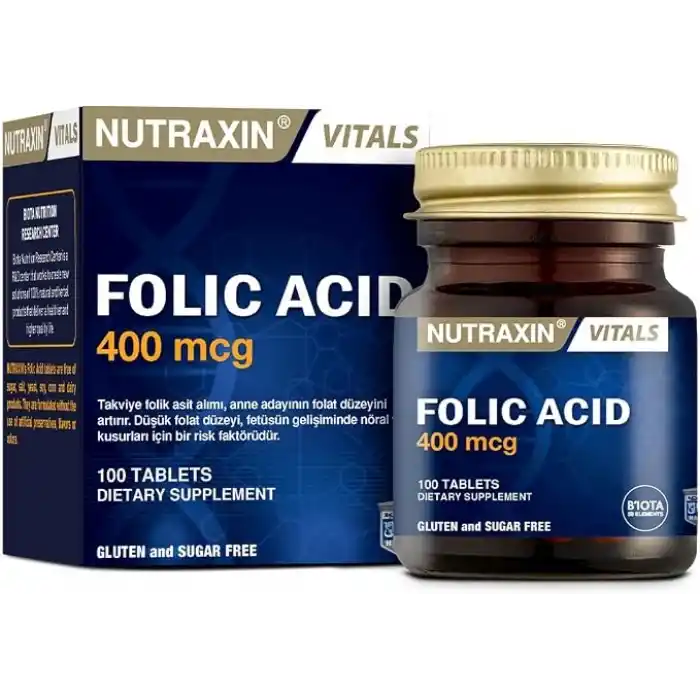 Nutraxin Vitals Folic Acid 400 mcg 100 Tablet Takviye Edici Gıda
