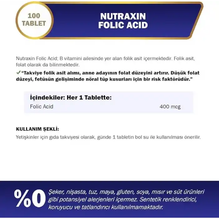 Nutraxin Vitals Folic Acid 400 mcg 100 Tablet Takviye Edici Gıda