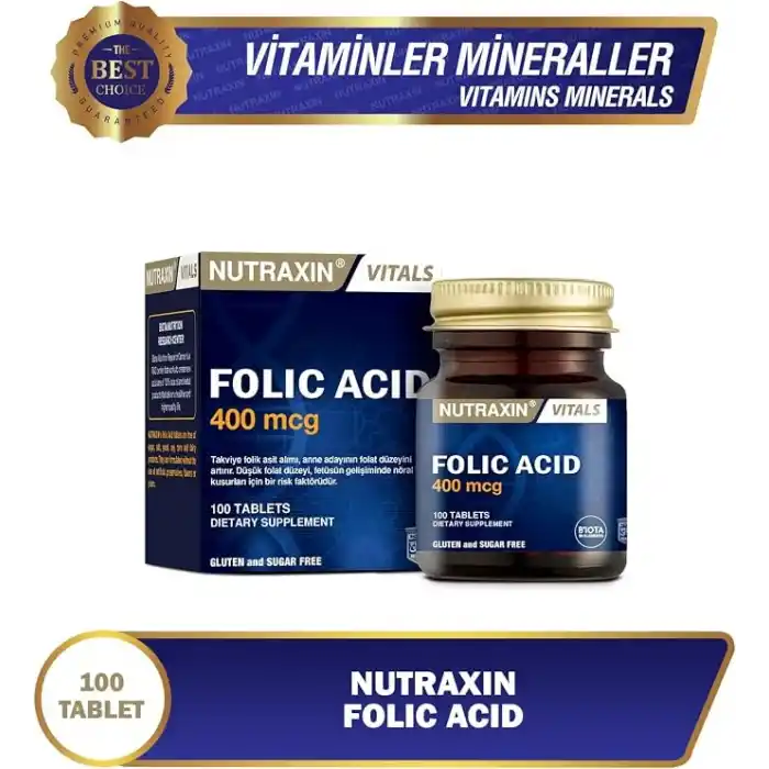 Nutraxin Vitals Folic Acid 400 mcg 100 Tablet Takviye Edici Gıda