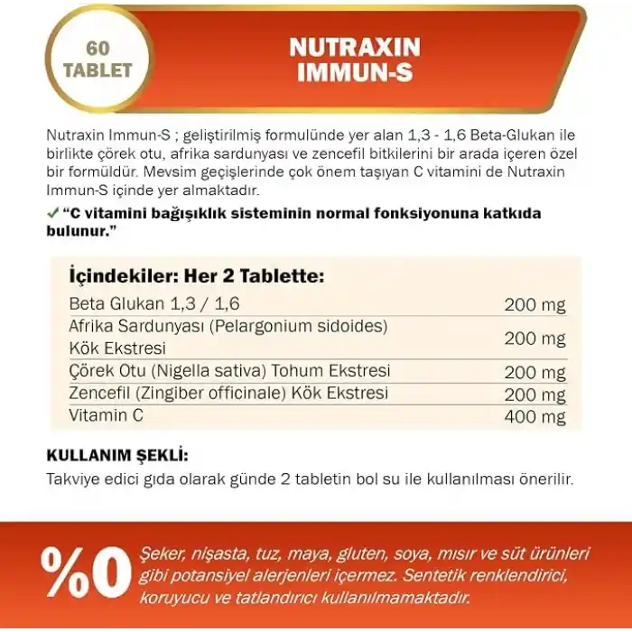 Nutraxin Plus Immun-S 1,3-1,6 Beta-Glukan 60 Tablet Takviye Edici Gıda
