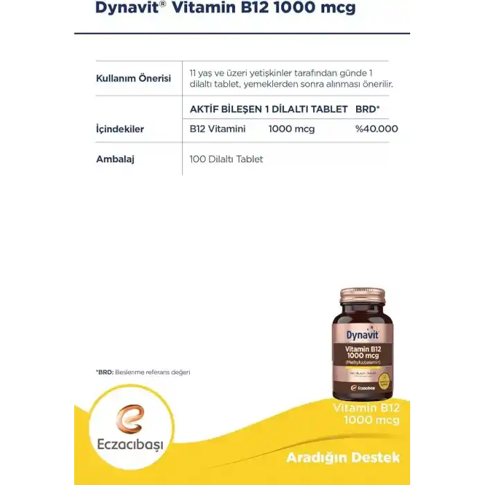 Dynavit Methylcobalamin Vitamin B12 1000 mcg 100 Dilaltı Tablet - Vitamin B12 (Metilkobalamin)