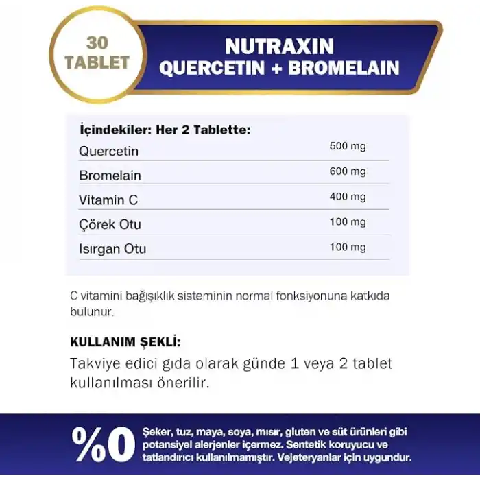 Nutraxin Quercetin + Bromelain 30 Tablet – C Vitamini, Çörek Otu ve Isırgan Otu İçerikli Bağışıklık Destekleyici Takviye