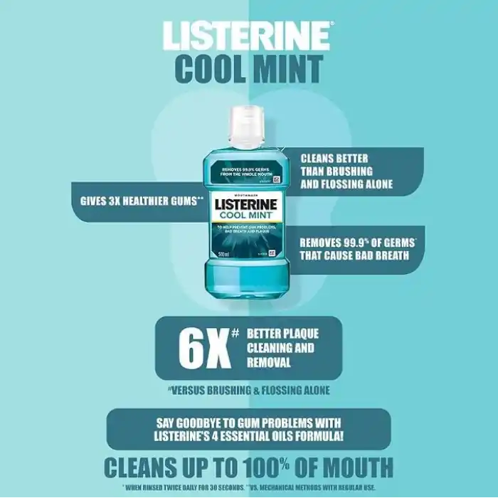 Listerine Cool Mint Ağız Bakım Suyu, 500 ml, 24 Saat Plak Karşıtı Koruma