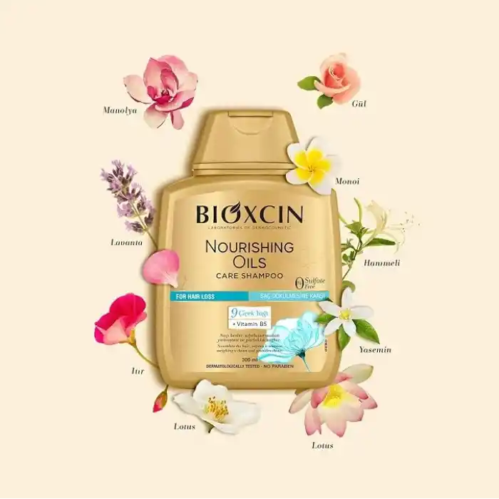 Bioxcin Besleyici Yağlar Şampuan 300 ml – Kuru ve Yıpranmış Saçlar İçin, 9 Çiçek Yağı, Pantenol ve BioComplex B11 İçerikli, Sülfatsız