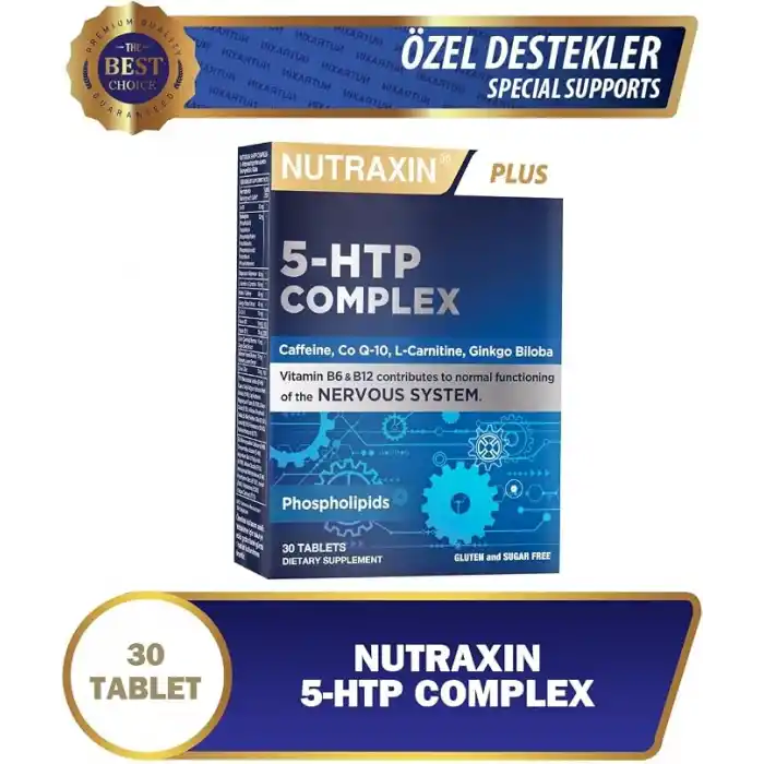 Nutraxin 5-HTP Complex 30 Tablet – L-Karnitin, Ginkgo Biloba, CoQ-10, Vitamin B6 & B12, Çinko ve Bitkisel Ekstreli Destek Takviyesi