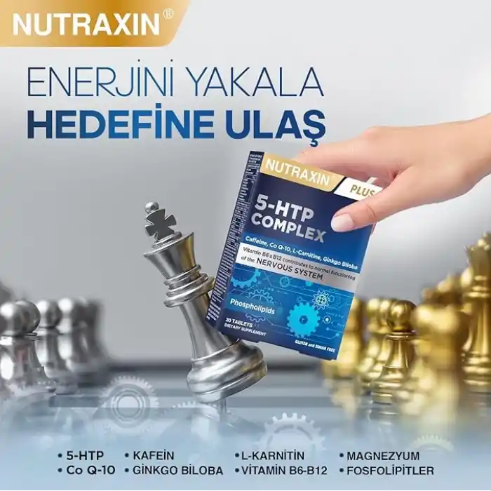 Nutraxin 5-HTP Complex 30 Tablet – L-Karnitin, Ginkgo Biloba, CoQ-10, Vitamin B6 & B12, Çinko ve Bitkisel Ekstreli Destek Takviyesi