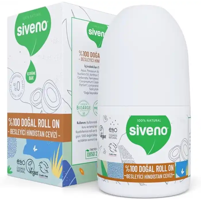 Siveno %100 Doğal Roll On Hindistan Cevizli Deodorant Ter Kokusu Önleyici Bitkisel Lekesiz Vegan 50 ml