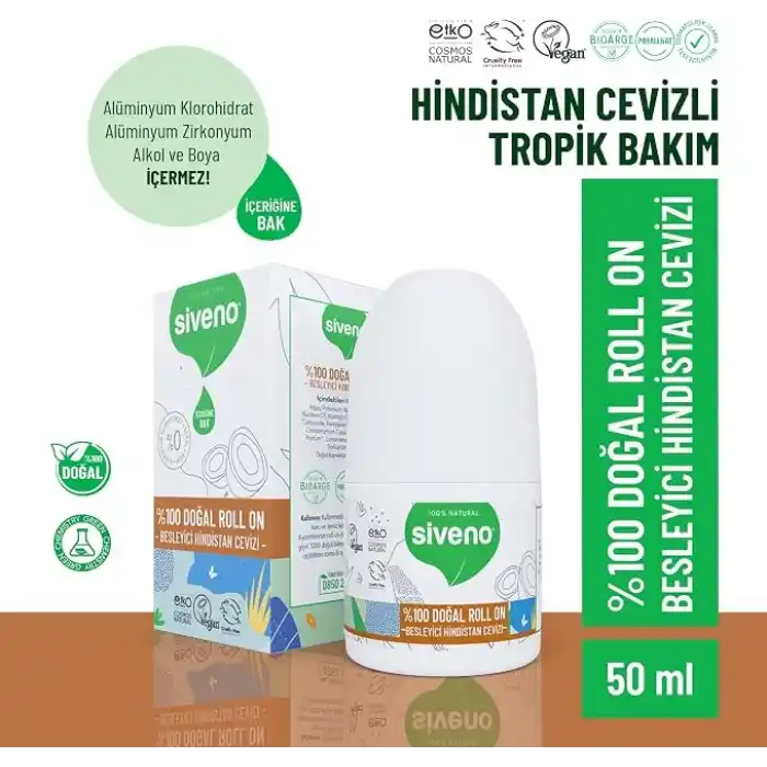 Siveno %100 Doğal Roll On Hindistan Cevizli Deodorant Ter Kokusu Önleyici Bitkisel Lekesiz Vegan 50 ml