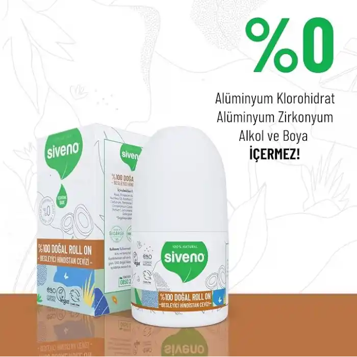 Siveno %100 Doğal Roll On Hindistan Cevizli Deodorant Ter Kokusu Önleyici Bitkisel Lekesiz Vegan 50 ml