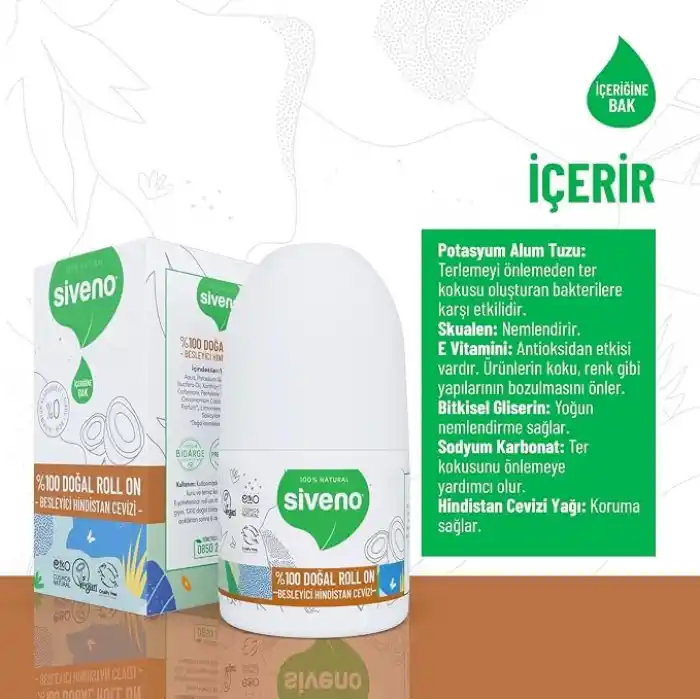 Siveno %100 Doğal Roll On Hindistan Cevizli Deodorant Ter Kokusu Önleyici Bitkisel Lekesiz Vegan 50 ml