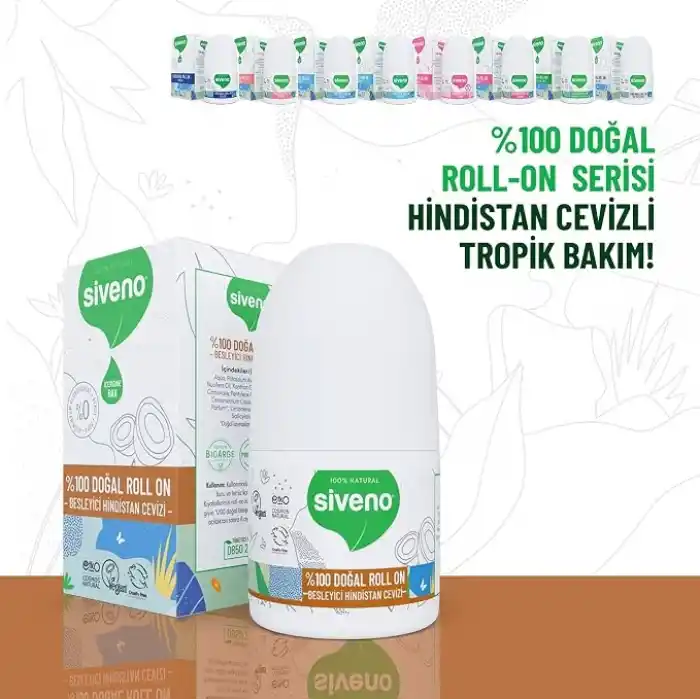 Siveno %100 Doğal Roll On Hindistan Cevizli Deodorant Ter Kokusu Önleyici Bitkisel Lekesiz Vegan 50 ml