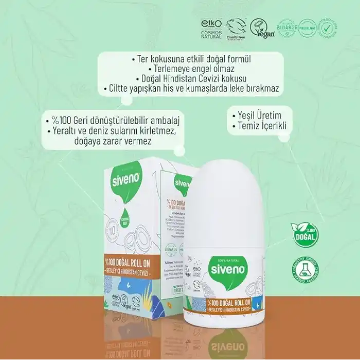 Siveno %100 Doğal Roll On Hindistan Cevizli Deodorant Ter Kokusu Önleyici Bitkisel Lekesiz Vegan 50 ml