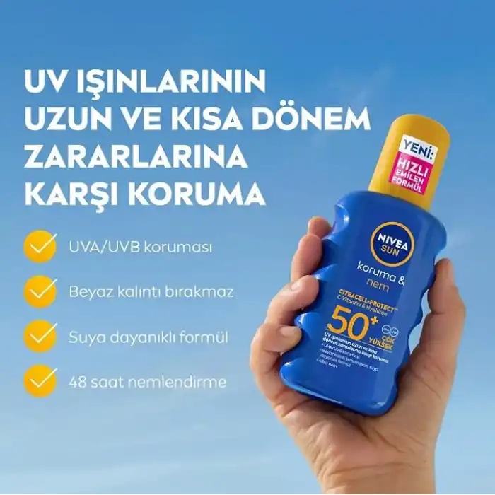 NIVEA SUN SPF50+Yüksek Güneş Koruyucu 200 ml,Suya Dayanıklı,Nemlendirici,C Vitamini,Hyalüron