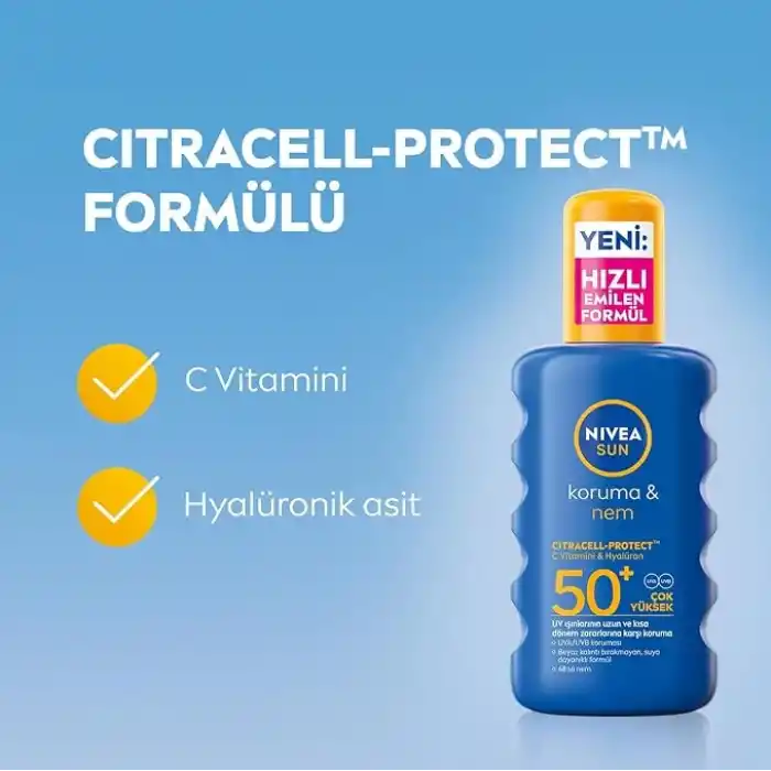 NIVEA SUN SPF50+Yüksek Güneş Koruyucu 200 ml,Suya Dayanıklı,Nemlendirici,C Vitamini,Hyalüron