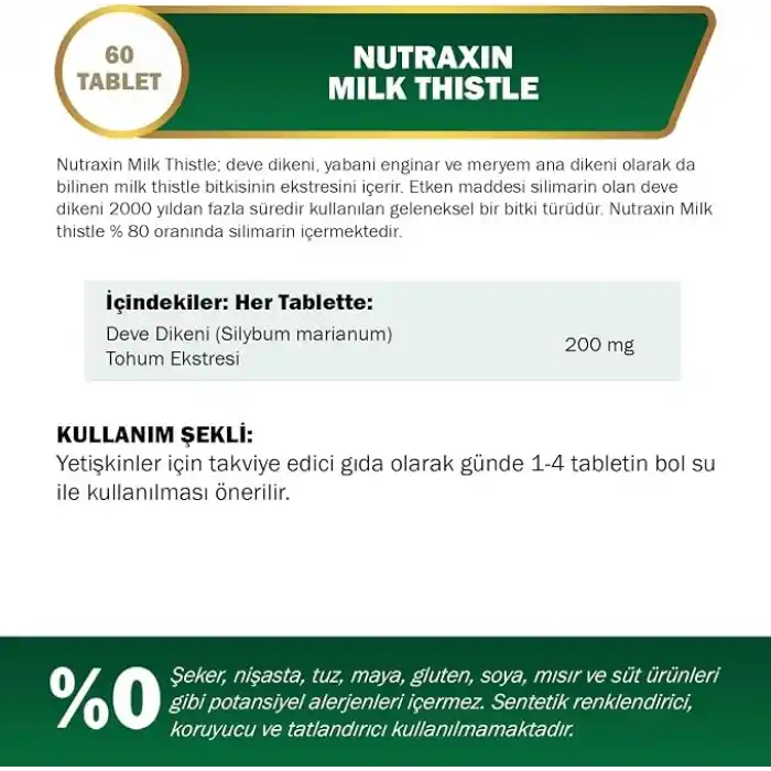 Nutraxin Herbal Milk Thistle 60 Tablet Takviye Edici Gıda