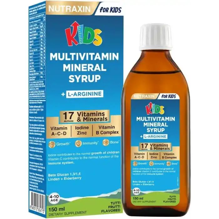 Nutraxin Kids Multivitamin Mineral Şurup 150 ml – 17 Vitamin ve Mineral, L-Arjinin, Kara Mürver, Beta Glukan, Çocuklar İçin Bağışıklık ve Gelişim Desteği